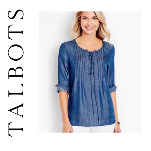 Talbots Tops - TALBOTS | Lace Up Pin-tuck Denim Popover Top